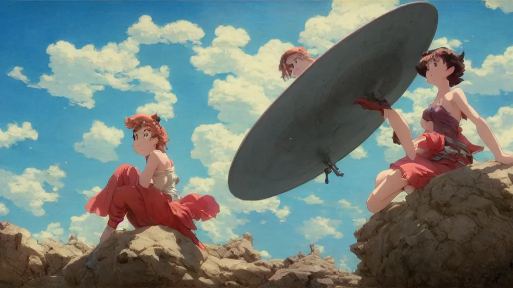 Prompt: a film still of a 1 9 5 0's mechanic anime girl sitting on top of flying ufo, finely detailed features, full body mid shot, detailed smooth face, perfect art,, trending on pixiv fanbox, painted by gaston bussiere, makoto shinkai, akihiko yoshida, gaston bussiere, craig mullins, studio ghibli