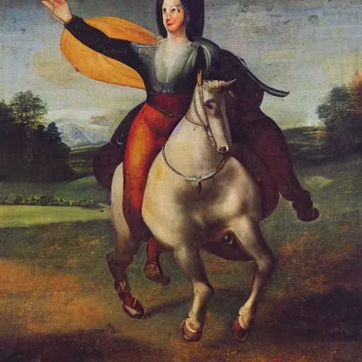 Prompt: a 1 8 th painting of a giovanna d'arco while is riding a horse, wide shot,