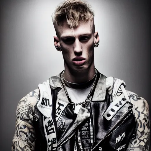 Image similar to mgk after battling eminem, realistic 8 k professional photography, midday lighting, defiant, octane, volumetric lighting, 7 0 mm,