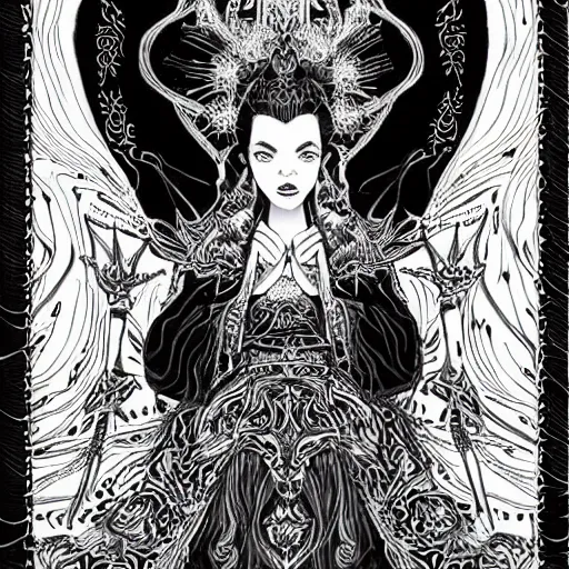 Image similar to black and white pen and ink!!!!!!! Suprani!!!!! sorcerer beautiful attractive long hair Anya Taylor-Joy wearing High Royal flower print robes flaming!!!! final form flowing ritual royal!!! Contemplative stance Vagabond!!!!!!!! floating magic witch!!!! glides through a beautiful!!!!!!! Camellia!!!! Tsubaki!!! death-flower!!!! battlefield behind!!!! dramatic esoteric!!!!!! Long hair flowing dancing illustrated in high detail!!!!!!!! by Hiroya Oku!!!!!!!!! graphic novel published on 2049 award winning!!!! full body portrait!!!!! action exposition manga panel black and white Shonen Jump issue by David Lynch eraserhead and beautiful line art Hirohiko Araki!! Frank Miller, Kentaro Miura!, Jojo's Bizzare Adventure!!!! 3 sequential art golden ratio technical perspective panels horizontal per page