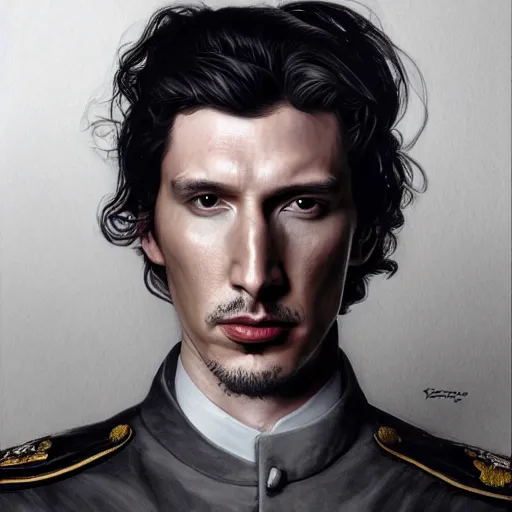 Image similar to portrait of stoic king adam driver beautiful queen john oliver, full body, military uniform, fantasy, intricate, elegant, beautiful, highly detailed, charcoal, centered, dark, smokey, digital painting, artstation, concept art, smooth, sharp focus, illustration, art by artgerm and greg rutkowski and alphonse mucha