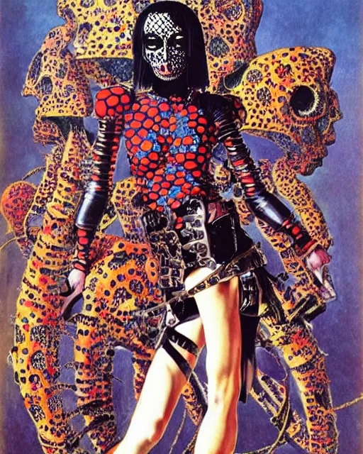 Image similar to portrait of a skinny punk goth yayoi kusama wearing armor by simon bisley, john blance, frank frazetta, fantasy, thief warrior, colorful cats