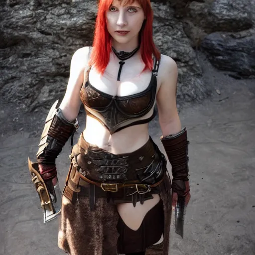Prompt: skyrim, lilu, young woman, red hair, freckles, leather fantys armor