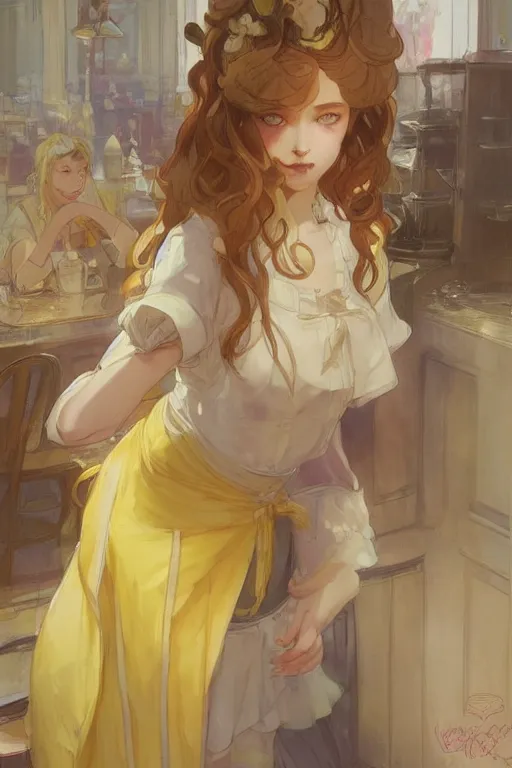 Prompt: A girl in a maid's outfit in a cafe a afternoon, wavy hair yellow theme,S line,45 angel by krenz cushart and mucha and ra-lilium and greg rutkowski