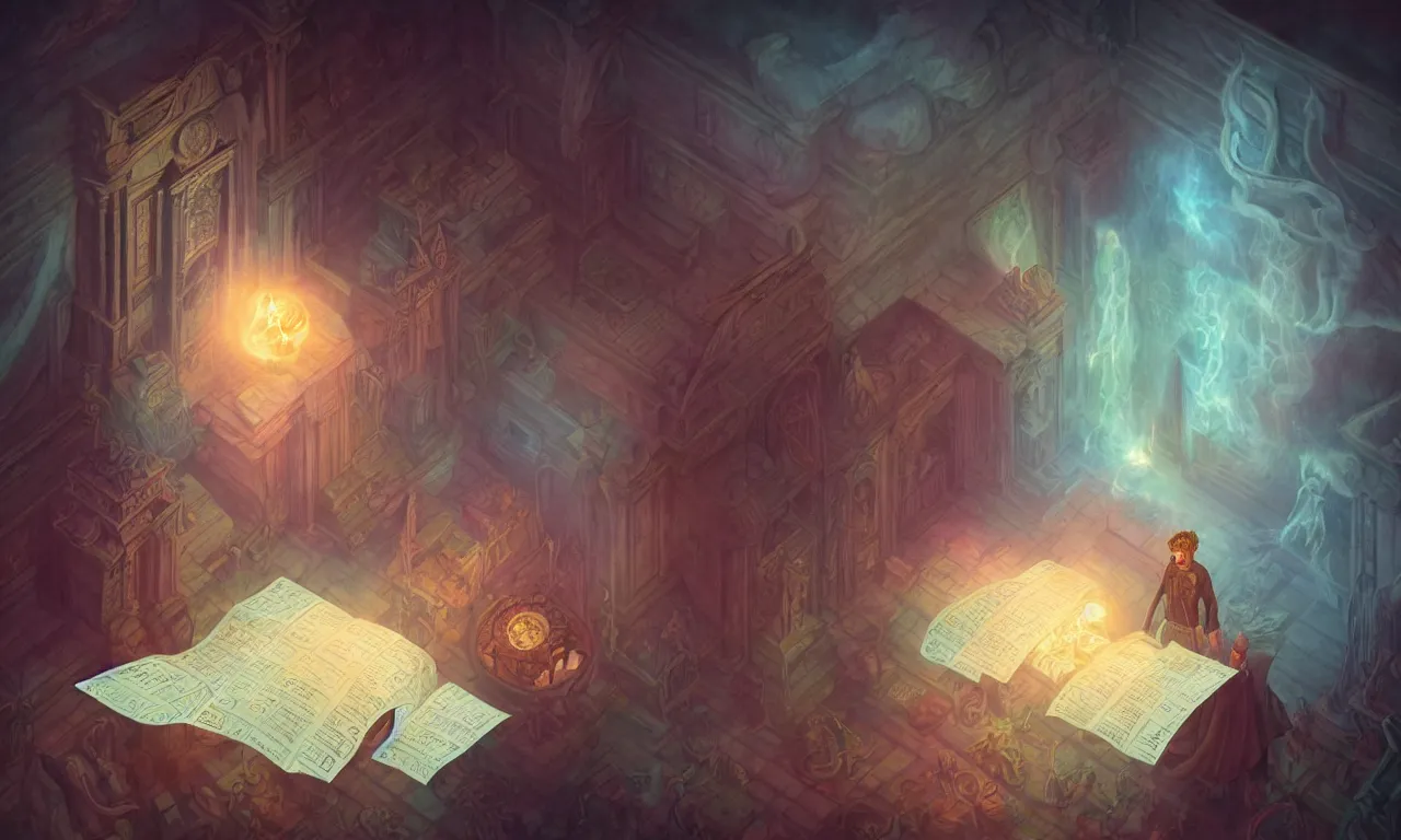Prompt: giant hall, kerberos realm, service ticket close up, wizard reading a directory, nordic pastel colors, 3 d art, digital illustration, perfect lighting