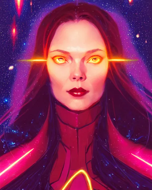 Image similar to a character portrait of scarlet witch with glow, surrounded with spiriling sparkling flash crystals and galaxies, by jesper ejsing, aleksi briclot, hyper light drifter, by ilya kuvshinov katsuhiro, jim burns, ed emshwiller, greg rutkowski, trending on artstation