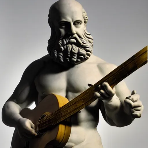 Prompt: epic greek marble statue of a bald man with a long beard, holding a guitar, photo, chiaroscuro