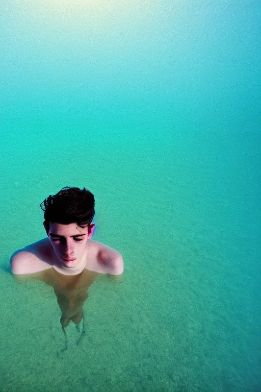 Image similar to high quality pastel coloured film mid angle docu photograph of a beautiful young 2 0 year old male, soft features, short black hair, swimming, jumping in an icelandic black rock pool environment. atmospheric. three point light. photographic. art directed. ( pastel colours ). volumetric light. clearcoat. waves glitch. 8 k. filmic.