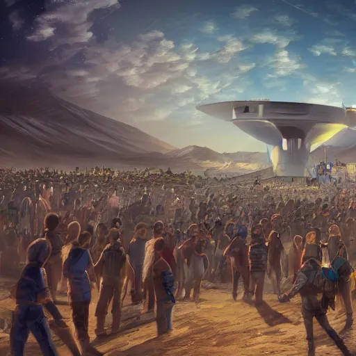 Image similar to a crowd gathering around government base ( ( area 5 1 ) ) trending on artstation digital paint 4 k render