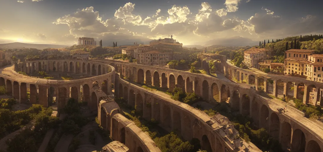 Prompt: epic view of giant roman aqueduct over beautiful italian city, unreal engine, dramatic lighting, detailed, ambient occlusion, global illumination, god rays, 3 d artstation render by greg rutowski and jessica rossier