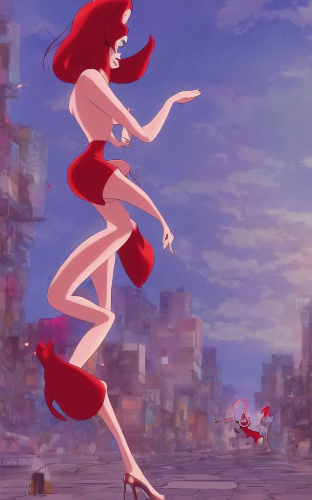 Image similar to jessica rabbit dancing in the spotlight. nime key visual of luffy studio lit directed gaze, trending on pixiv fanbox, painted by greg rutkowski makoto shinkai takashi takeuchi studio ghibli