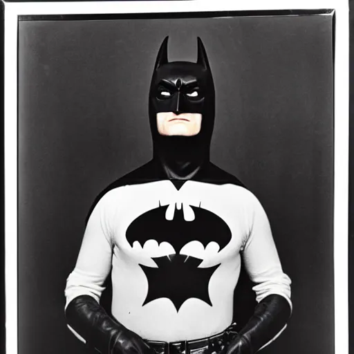 Image similar to portrait of Batman by Diane Arbus, 50mm, black and white