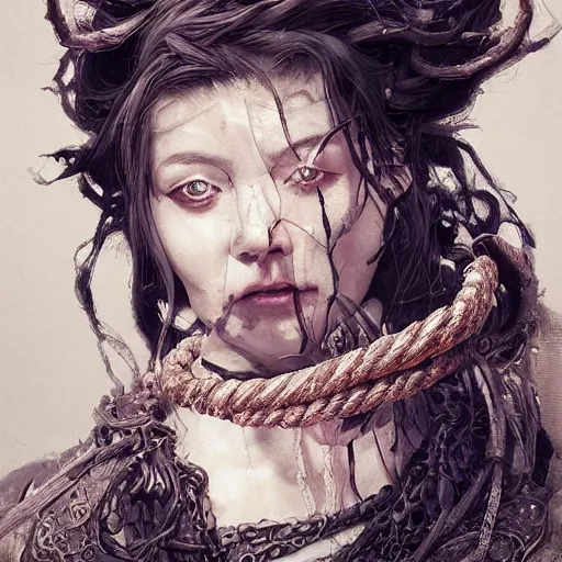 Prompt: portrait of a Shibari rope wrapped face and neck, headshot, insanely nice professional hair style, dramatic hair color, digital painting, of a old 17th century, old cyborg merchant, amber jewels, baroque, ornate clothing, scifi, realistic, hyperdetailed, chiaroscuro, concept art, art by Franz Hals and Jon Foster and Ayami Kojima and Amano and Karol Bak,