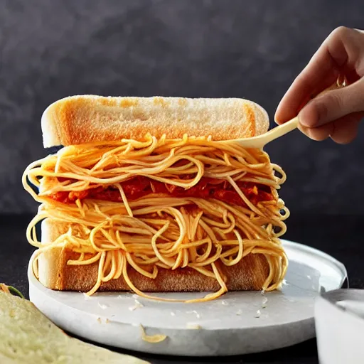 Prompt: a spaghetti sandwich, cookbook photo