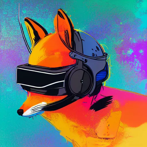 Image similar to illustration of cyberpunk fox in vr helmet, colorful splatters, by andy warhol and by zac retz and by kezie demessance