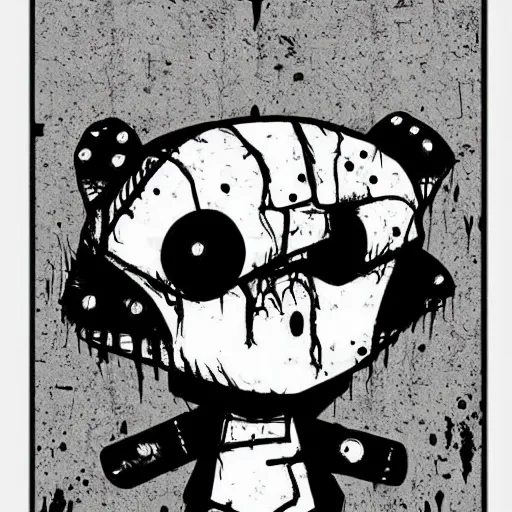 Image similar to grunge drawing of a teddy bear with bloody eyes by - invader zim, loony toons style, horror theme, detailed, elegant, intricate