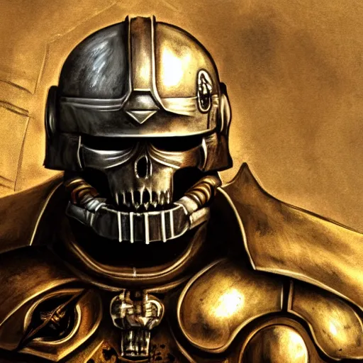 Prompt: space marine, knight, skull helmet, terminator, terrifying, grimdark, horror, war, photorealistic, front view, symmetrical, artstation, dark souls style