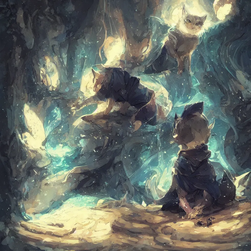 Image similar to anime cat with cloak laying on a magical wood carved chair, super powers, glowing tiny blue lines, concept art, by greg rutkowski, overdetailed art