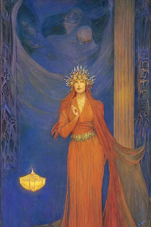 Image similar to queen of the night with her lantern, by Annie Swynnerton and Nicholas Roerich and jean delville, dramatic cinematic lighting , ornate headdress , flowing robes, lost civilizations, extremely detailed