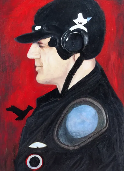 Image similar to a jet pilot with a crow head