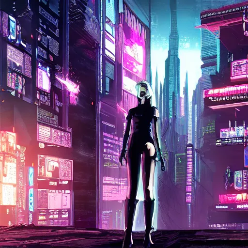 Image similar to a cyberpunk world and a gothic girl