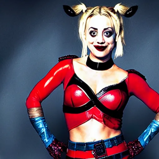 Image similar to A still of Kaley Cuoco as Harley Quinn