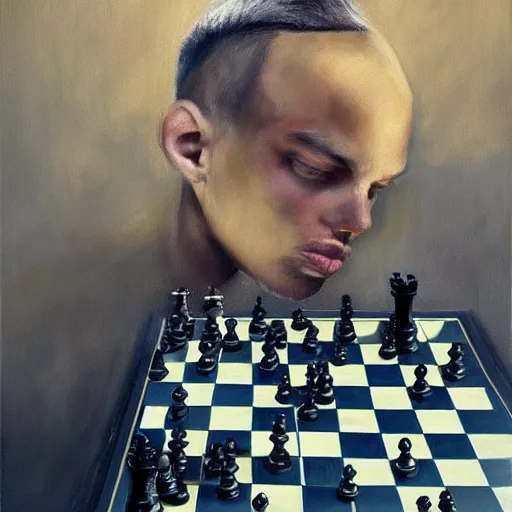 Image similar to knight with mowhawk playing chess, oil painting, soft style, hyperrealism, beautiful, high resolution, trending on artstation