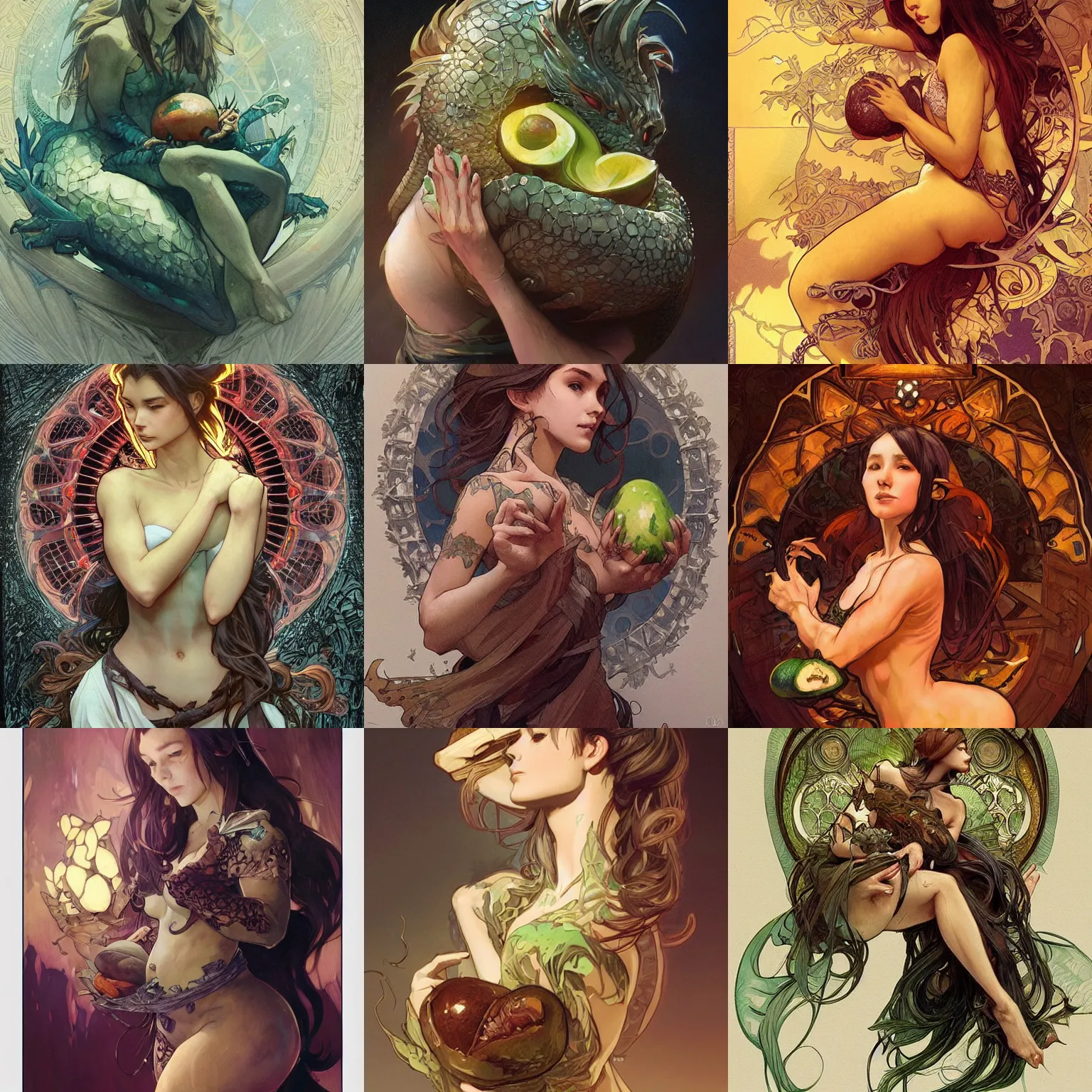 Prompt: digital character concept art by artgerm and greg rutkowski and alphonse mucha. dragon hatching from avocado, beautiful, holding a stuff, detailed, poster art, light effect, glowing, hyper detail, intricate, elegant, digital painting, artstation, smooth, sharp focus