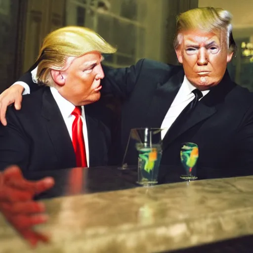 Image similar to Donald Trump drinking martinis with Nixon in hell, realistic