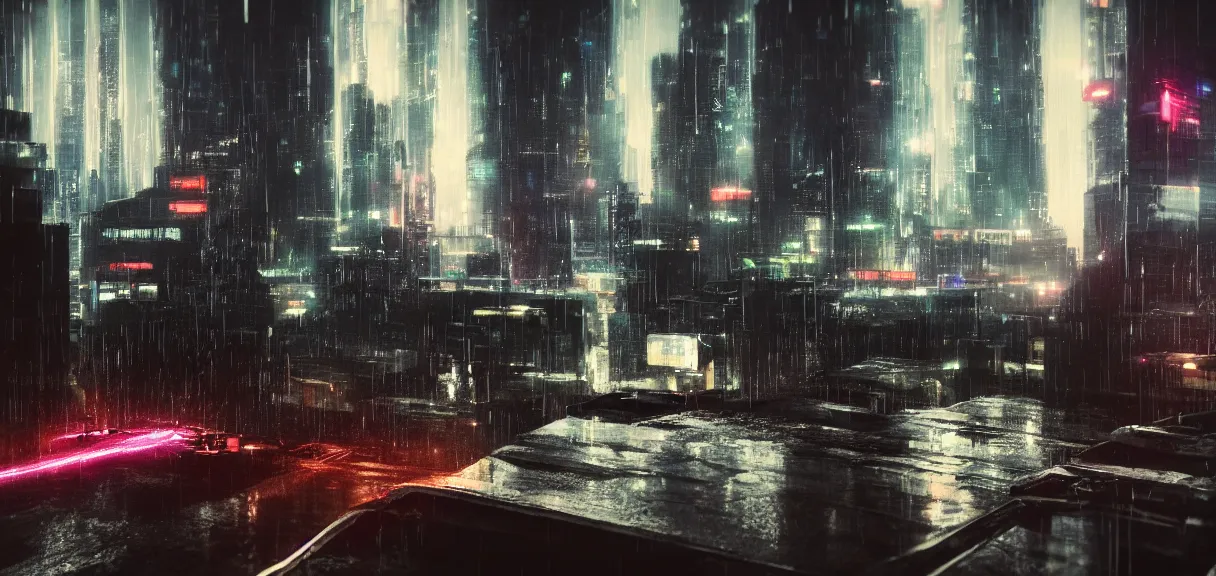 Image similar to shot of the roof with single man sitting on the edge during rain, below impressive cyberpunk night city during great rainy storm with lightning, nightscape, futuristic architecture, realistic photo, neons, blade runner, akira style, cinematic lighting, cinematic angles