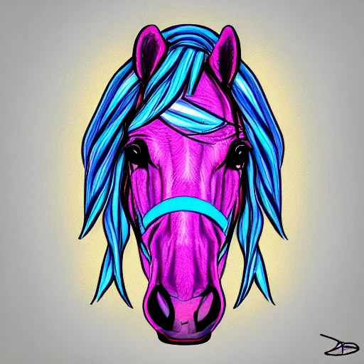 Prompt: digital horse, synthwave palette, highly detailed, anatomically correct equine, retro feel, portrait, digital art