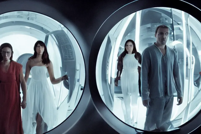 Image similar to movie closeup polar opposites, couple, researchers in a futuristic lab building inter dimensional portal machine, beautiful skin, Symmetrical faces. Beautiful lighting by Emmanuel Lubezki