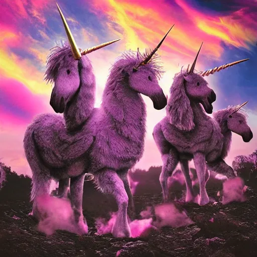Image similar to death metal album cover featuring fluffy unicorns and cotton candy