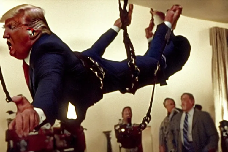 Image similar to movie still of donald trump in mission impossible, hanging from the ceiling, photograph, tv show, cinematic