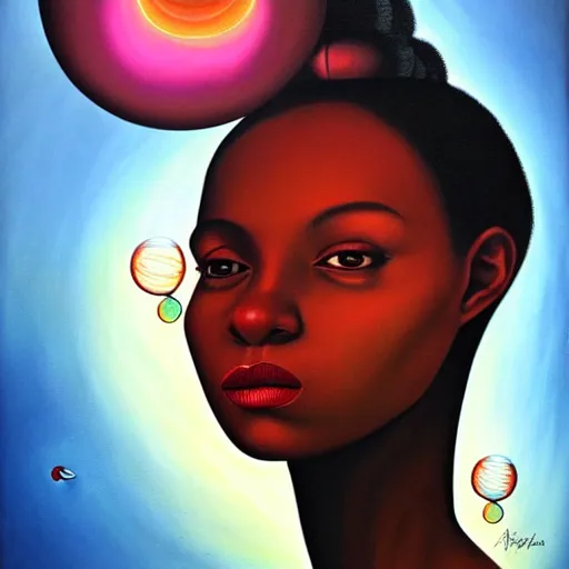 Image similar to an african queen in a surreal portrait style with glowing bubbles of light in the background by Afarin Sajedi, oil on canvas