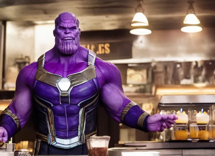 Prompt: film still of Thanos as a barista in Avengers Infinity War, 4k
