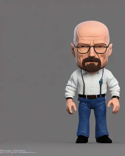 Image similar to full body 3d render of Walter White as a funko pop, studio lighting, white background, blender, trending on artstation, 8k, highly detailed