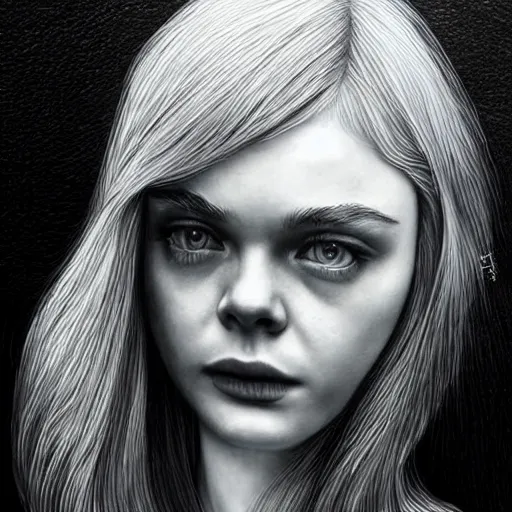 Image similar to a striking hyper real ink illustration of Elle Fanning, dark, metal,