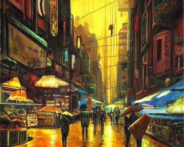 Prompt: street with food stands in a cyberpunk city on a rainy melancholy night by salvadore dali