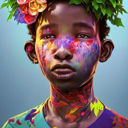 Prompt: colourful vfx art - portrait of crying nigerian boy wrapped in flowers & vines, art by hsiao - ron cheng & james jean, volumetric light, ray tracing, sharp, detailed, digital painting, illustration, highly detailed, intricate detail, unreal engine, octane render, pinterest, behance, art station,