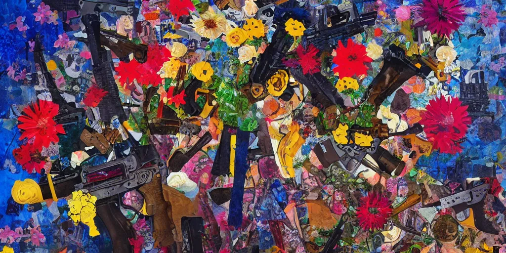 Prompt: guns and flowers, collage, acrylic on canvas, expressionism movement, breathtaking detailed, by blake neubert, style by peter bankov