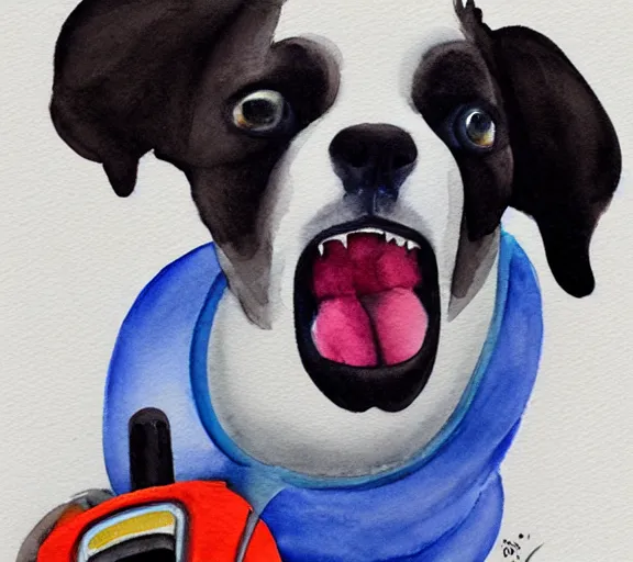 Prompt: A puppy barking at a vacuum cleaner, watercolor painting, trending on artstation