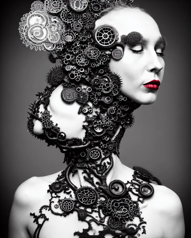 Prompt: surreal black and white photo portrait of complex bio-mechanical beautiful young female vegetal-cyborg with a Mandelbrot fractal metal fine lace face, curled silver hair, bright red lips, 150 mm lens, soft rim light, fine metal floral foliage super big lace collar by Alexander McQueen, high fashion, haute couture, rococo, steampunk, silver filigree details, anatomical, facial muscles, cable wires, microchip, elegant, hyper realistic, octane render, unreal engine, in the style Dora Maar, volumetric lighting, 8k, radiant energy aura, retrofuturistic depressing hopeless vibe