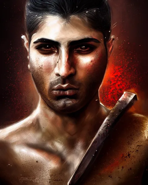 Image similar to portrait of a Persian Prince fighting at war, warrior, brutal battle, handsome prince, shaved face, without beard, attractive young man, shaved face, heroic pose, dramatic lighting, dark and horror, action and tragedy, dust and blood, intricate, wild, highly detailed, digital painting, artstation, concept art, smooth, sharp focus, illustration, art by artgerm and greg rutkowski and alphonse mucha, footage from space camera