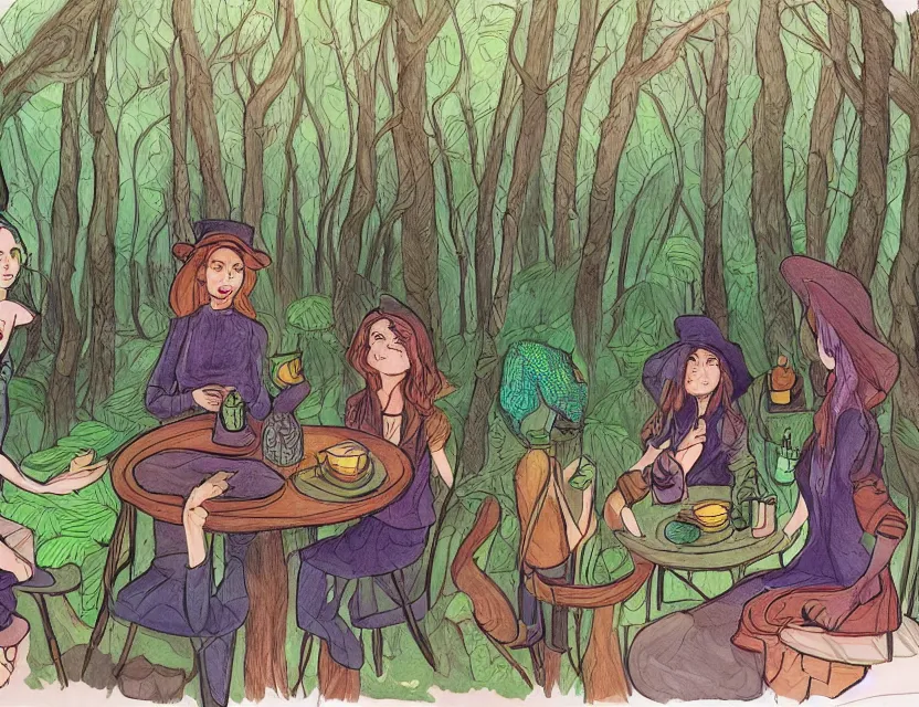 Prompt: ethinically diverse witches in a forest cafe. complementary colors, copic markers, indie concept art, bloom, chiaroscuro, backlighting, intricate details.