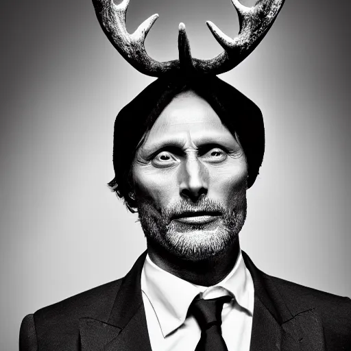 Image similar to black and white portrait of mads mikkelsen as a dark black skin toned demon with antlers, studio lighting