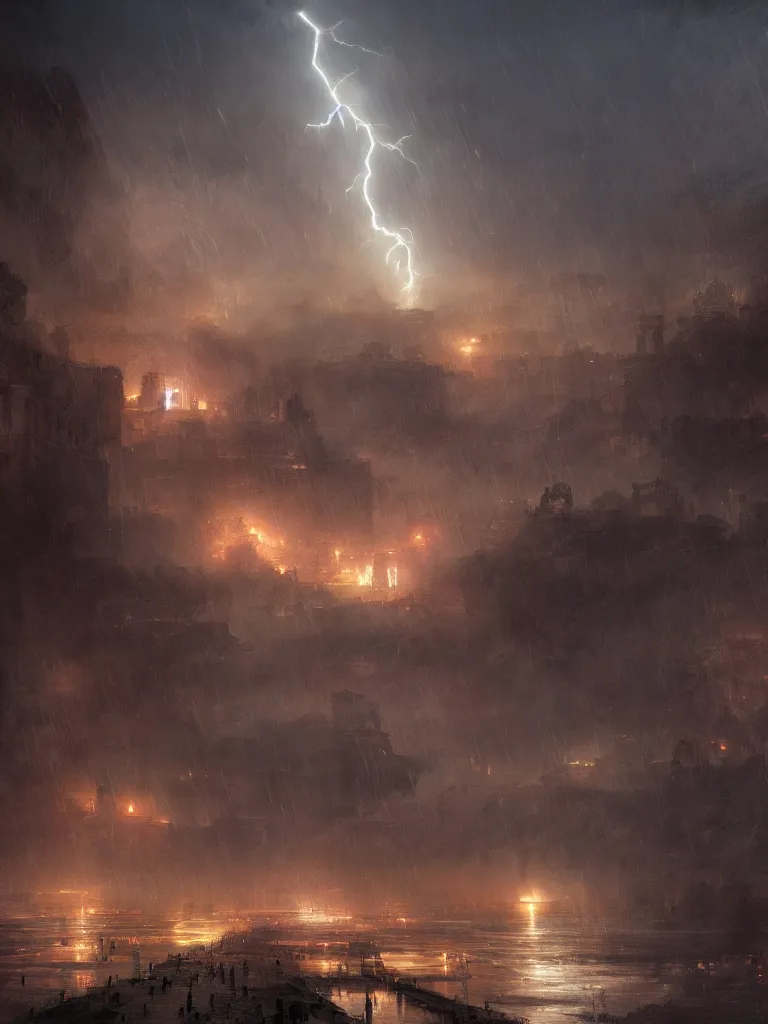 Image similar to epic scenery ancient city of troy under a sky full of lightning, intricate, elegant, volumetric lighting, digital painting, highly detailed, artstation, sharp focus, illustration, concept art, ruan jia, steve mccurry