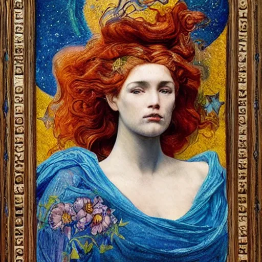 Prompt: queen of the moon with stars in her hair, by annie swynnerton and tino rodriguez and nicholas roerich and lucien freud and jean delville, dramatic lighting, floral tattoos, rich colors, smooth sharp focus, extremely detailed, adolf wolfli