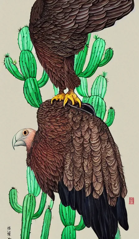 Prompt: big turkey vulture sitting on cactus Shen Quan, hanging scroll, ink and colours on silk