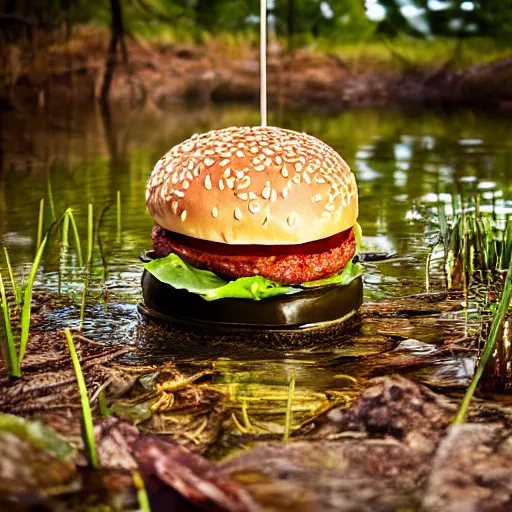 Prompt: a hamburger in a swamp, product photography